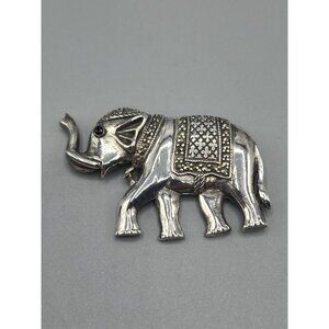 Sterling Silver Elephant Brooch Marcasite Saddle 925 Trunk Up 14 Grams Vtg